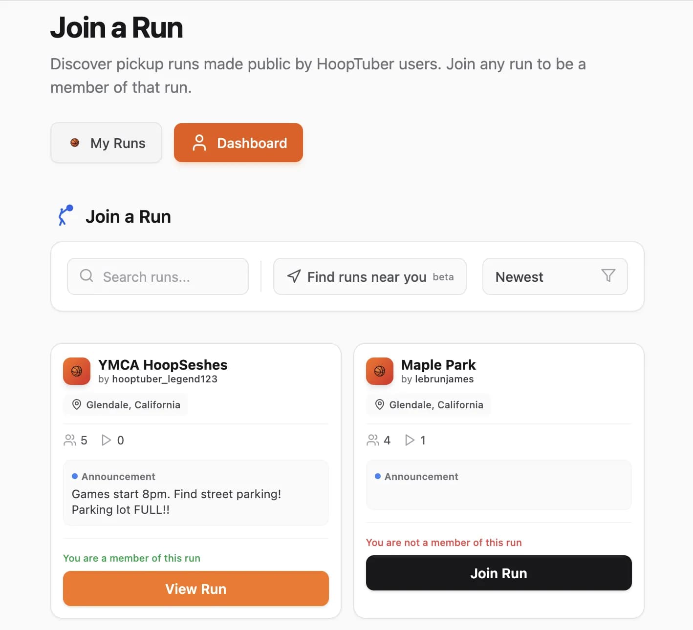 HoopTuber landing page section introducing nearby runs.