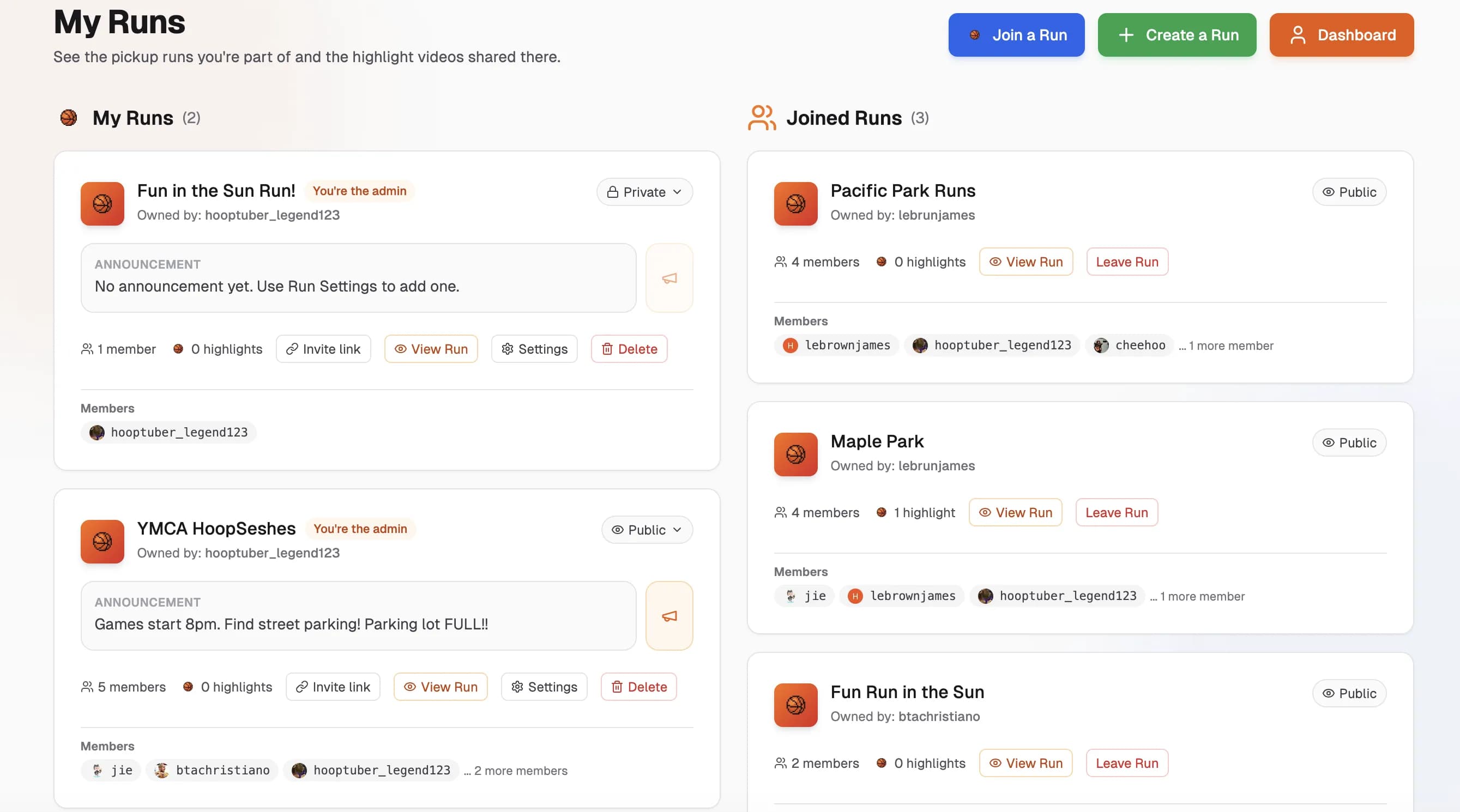My Runs page showing joined runs cards.