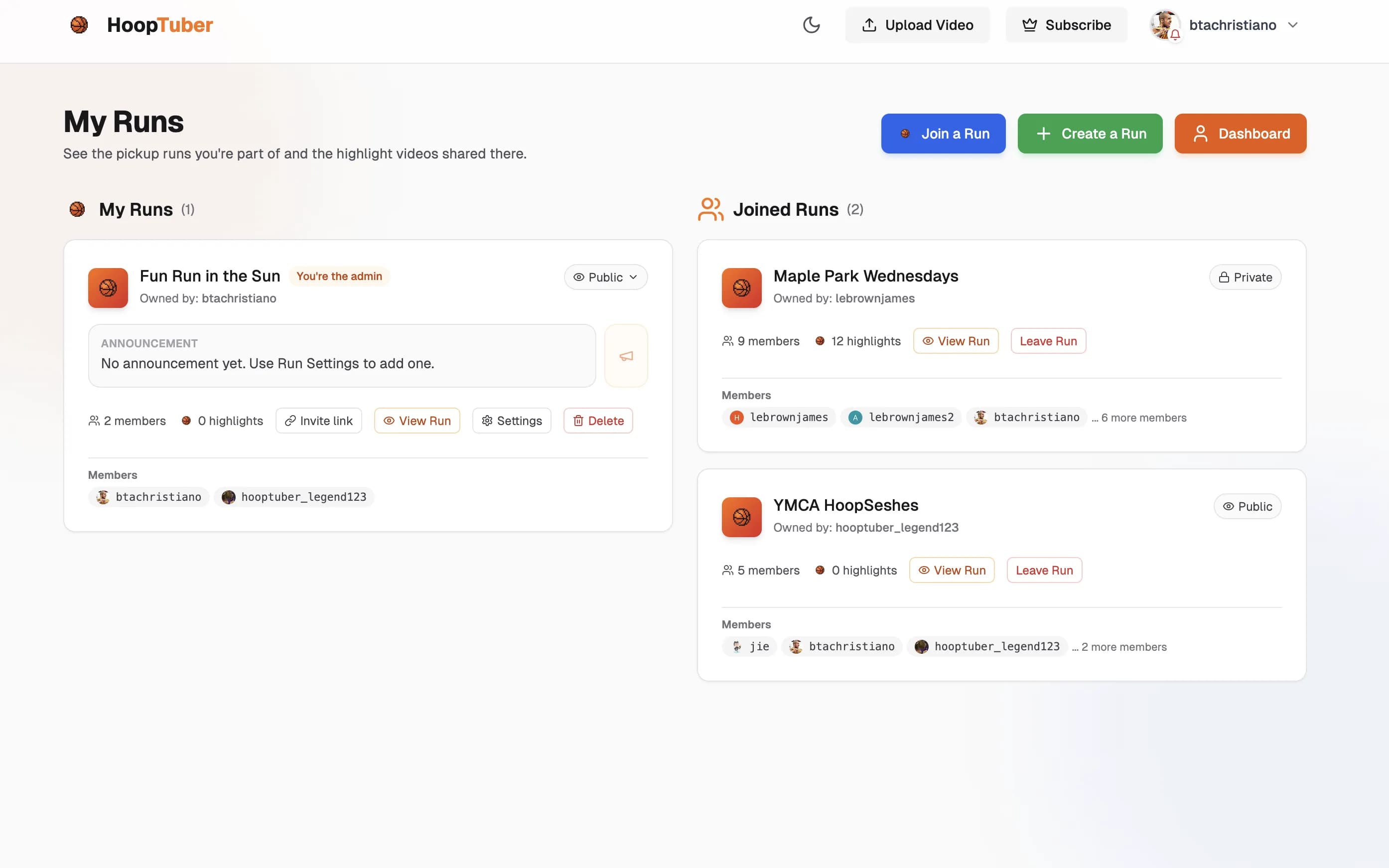 My Runs page showing owned and joined runs.